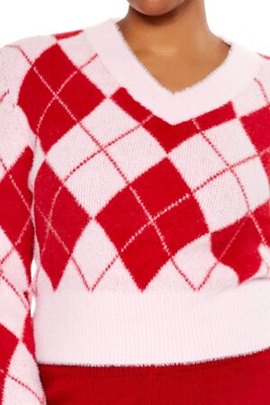 PINK/RED Plus Size Argyle Cropped Sweater, image 3
