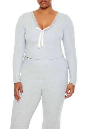 HEATHER GREY/PINK Plus Size Lace-Trim Crop Top, image 1