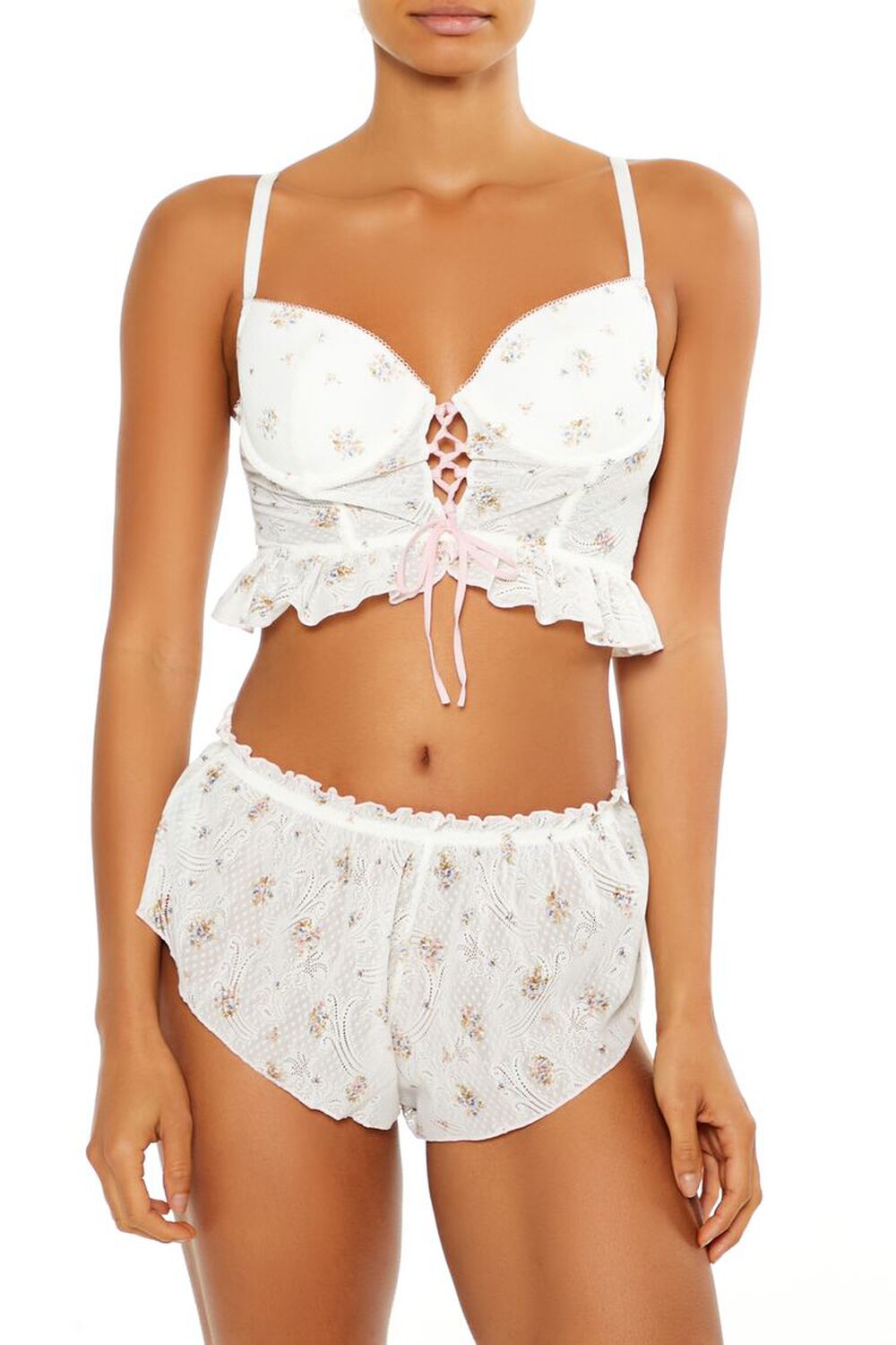 WHITE/MULTI Floral Lace-Up Lingerie Corset Cami, image 1