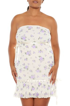 CREAM/MULTI Plus Size Floral Bow Tube Mini Dress, image 2