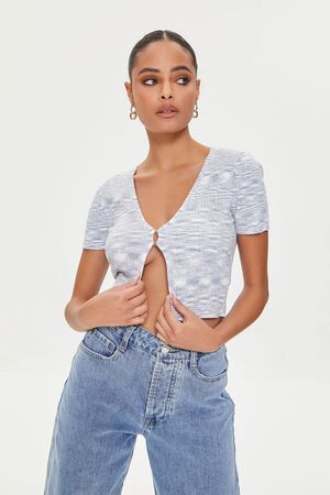 BLUE/MULTI Marled Sweater-Knit Crop Top, image 1