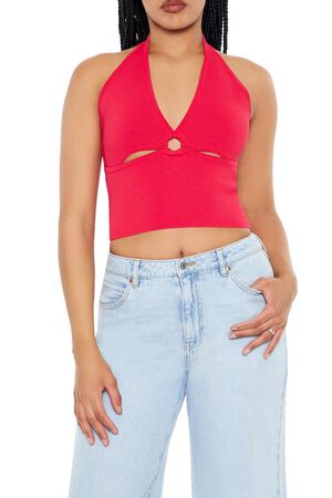 HOT PINK Sweater-Knit Halter Crop Top, image 1