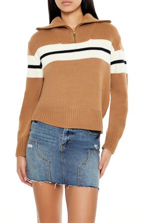 BROWN/WHITE Half-Zip Striped Sweater, image 1