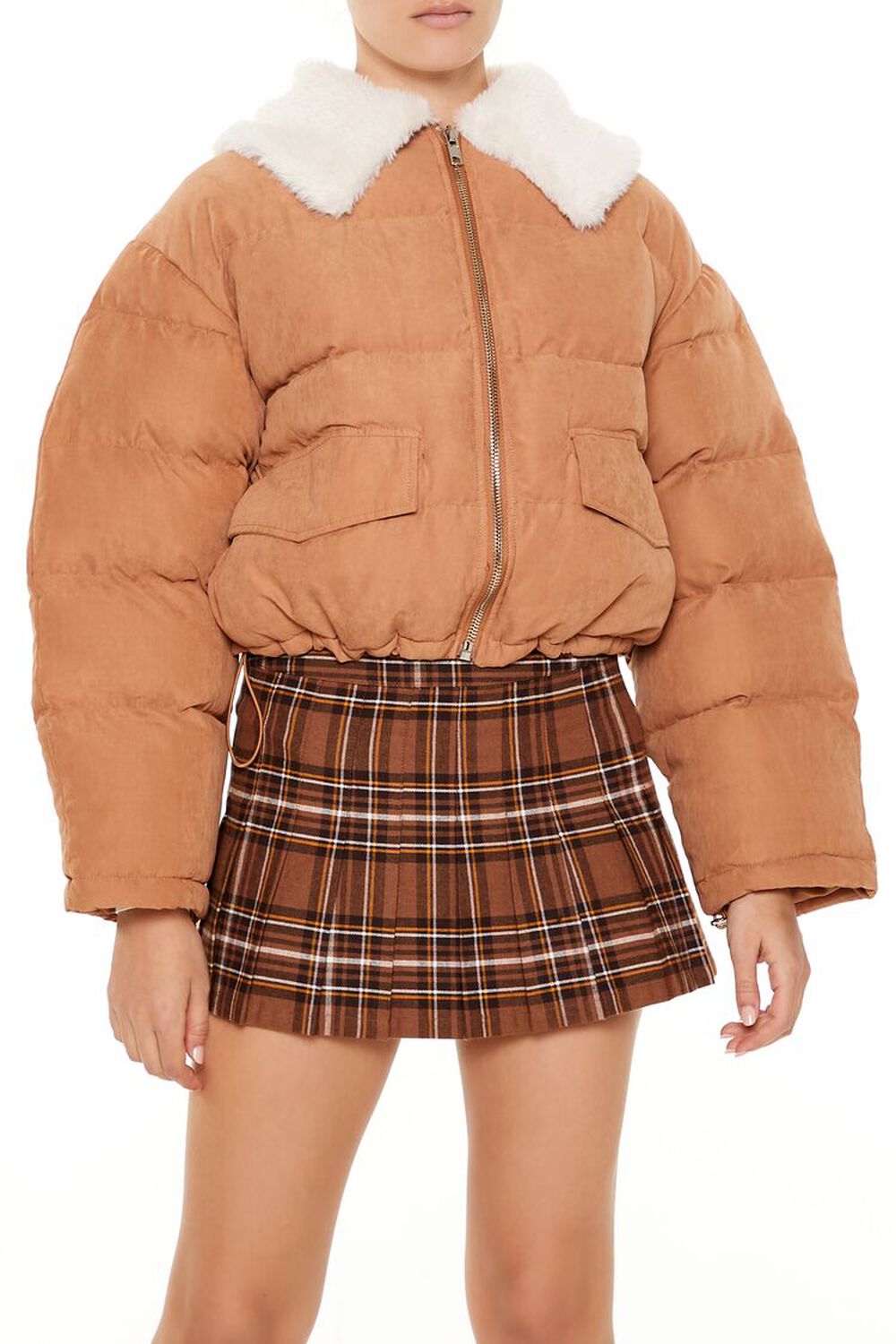 LIGHT BROWN Faux Leather Puffer Jacket, image 1