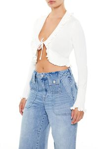 WHITE Ruffle-Trim Cardigan Sweater, image 4