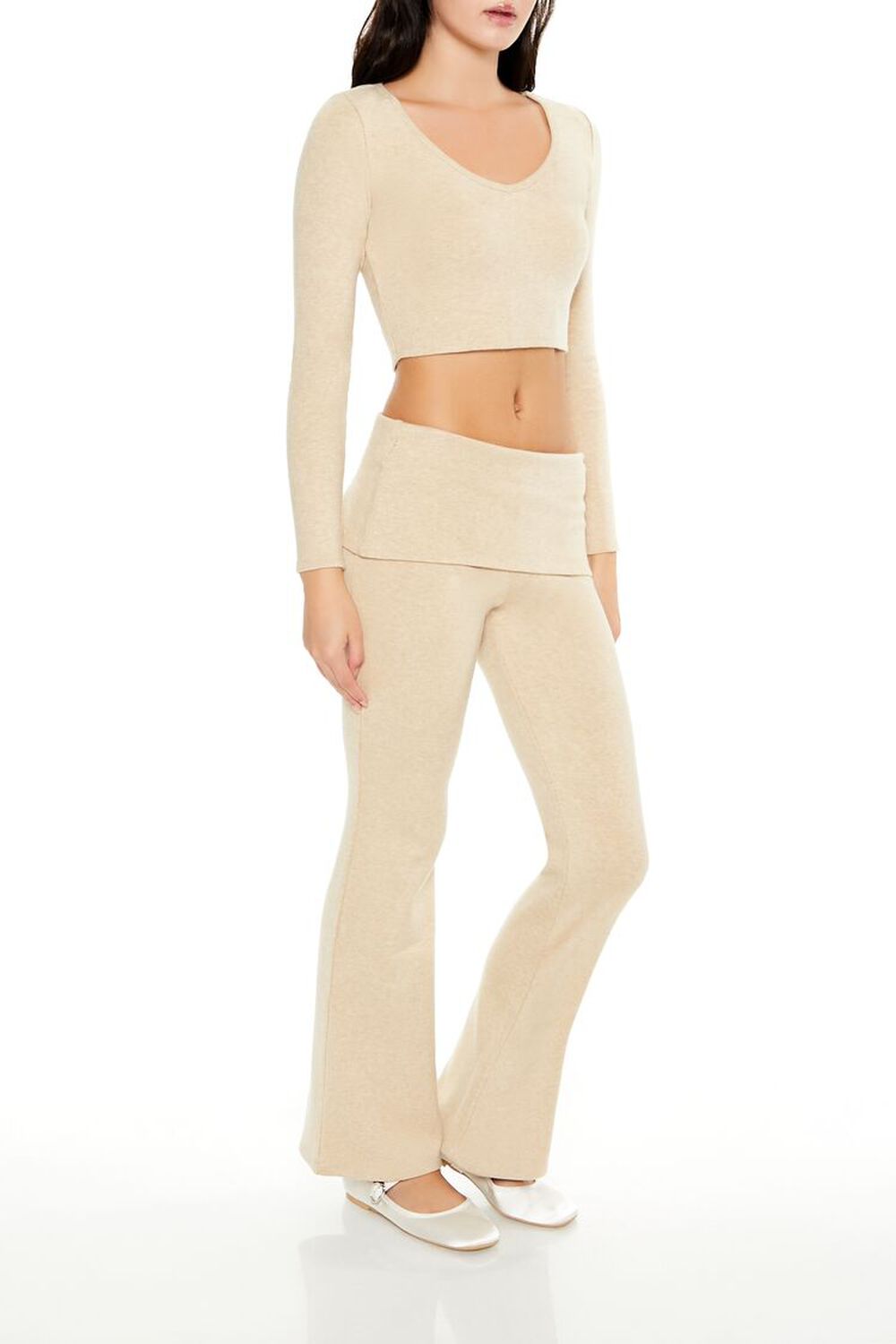 OATMEAL Mid-Rise Foldover Flare Pants, image 3