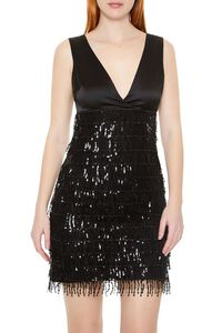 BLACK Satin & Sequin Fringe Mini Dress, image 4