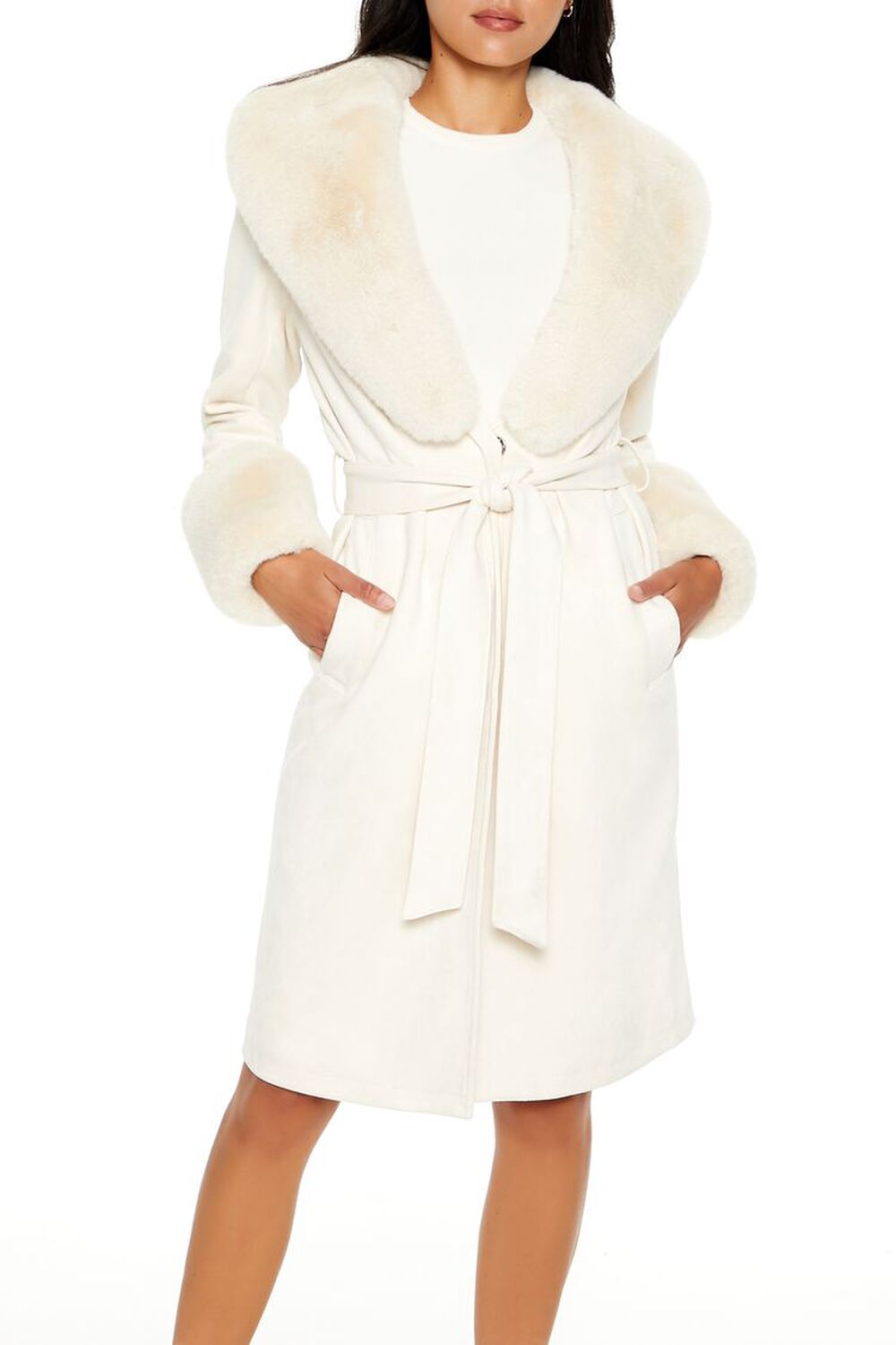CREAM Faux Fur-Trim Faux Suede Trench Coat, image 2