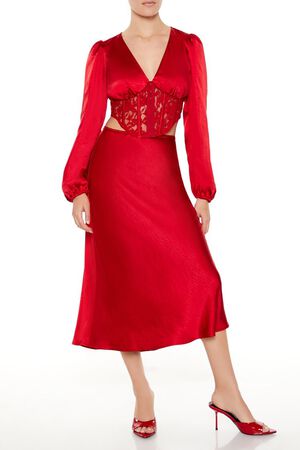 DARK RED Satin & Lace Corset Crop Top, image 2