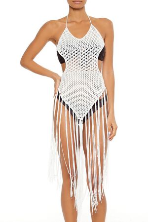 WHITE Crochet Tie-Back Fringe Swim Cover-Up Midi Dress, image 2