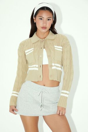 DESERT SAND/WHITE Varsity-Striped Cardigan Sweater, image 1