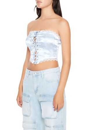 BLUE Satin Floral Lace-Up Tube Top, image 2