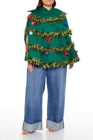 GREEN/MULTI Plus Size Christmas Tree Poncho, image 2