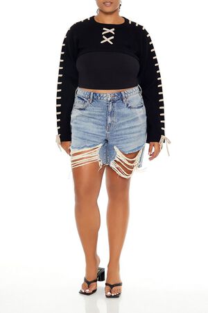 BLACK/MULTI Plus Size Cropped Tie-Trim Sweater, image 2