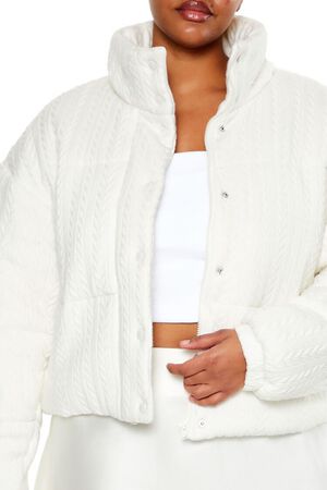 WHITE Plus Size Cable Knit Puffer Jacket, image 3