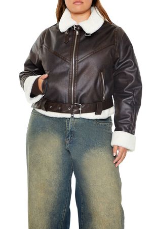 BROWN Plus Size Faux Leather Moto Jacket, image 1