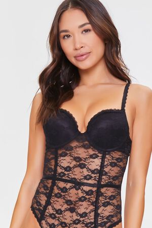 BLACK Floral Lace Mesh Lingerie Bodysuit, image 1
