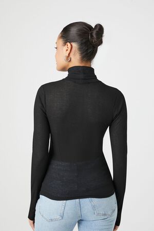 BLACK Sheer Ribbed Knit Turtleneck Top, image 3