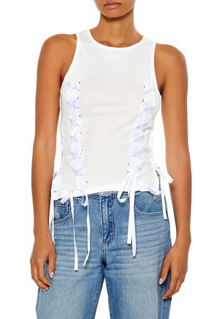 WHITE Ribbon Lace-Up Tank Top, image 1