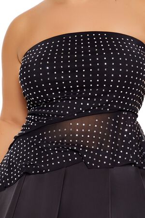 BLACK/SILVER Plus Size Rhinestone Strapless Top, image 3