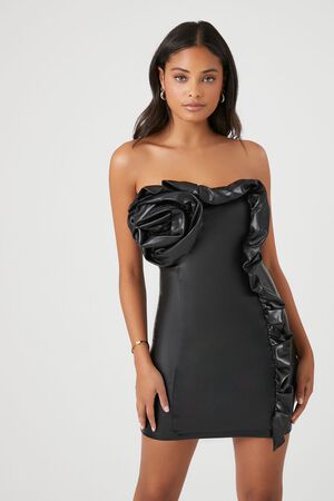 BLACK Faux Leather Rosette Tube Dress, image 1