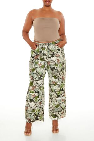 GREEN/MULTI Plus Size Leaf Print Cargo Pants, image 1