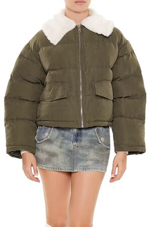 LIGHT BROWN Faux Leather Puffer Jacket, image 1