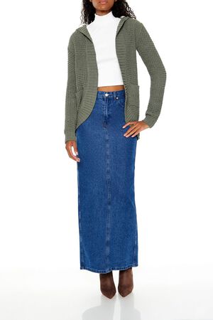 GREEN Hooded Open-Front Cardigan Sweater, image 2