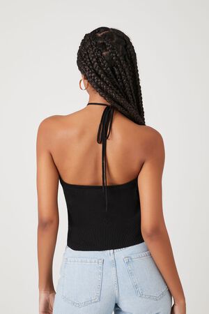 BLACK Sweater-Knit Halter Crop Top, image 3