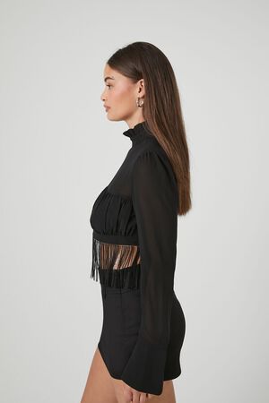 BLACK Fringe Mock Neck Crop Top, image 2