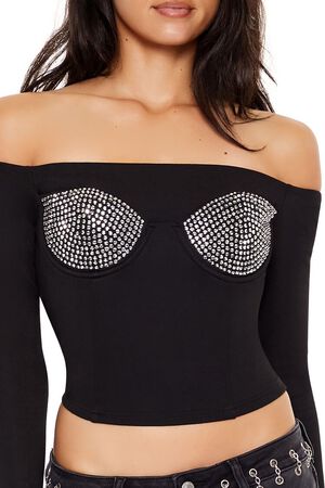 BLACK Rhinestone Off-the-Shoulder Top, image 3
