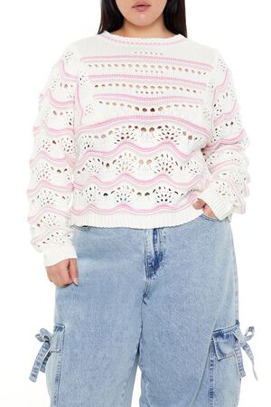 WHITE/MULTI Plus Size Open-Knit Two-Tone Sweater, image 1