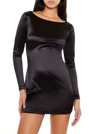 BLACK Satin Boat-Neck Mini Dress, image 2
