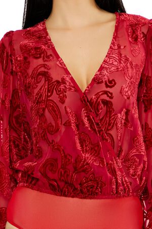 DARK RED Flocked Paisley Surplice Bodysuit, image 3