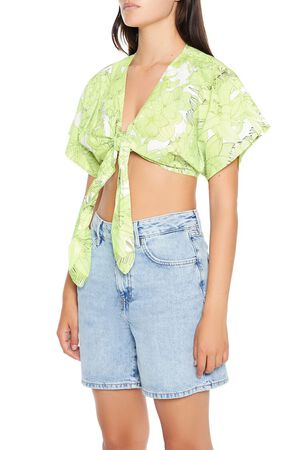 GREEN/MULTI Floral Print Tie-Front Crop Top, image 2