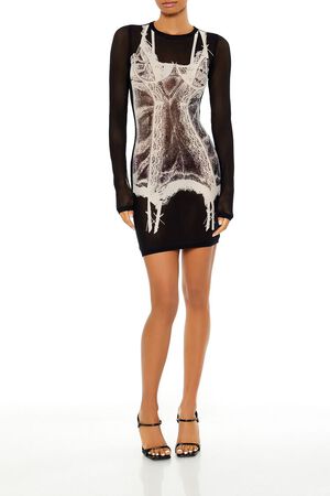 BLACK/MULTI Mesh Garter Graphic Mini Dress, image 1