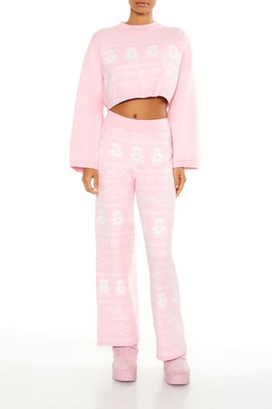 PINK/WHITE Fair Isle Wide-Leg Pajama Pants, image 1