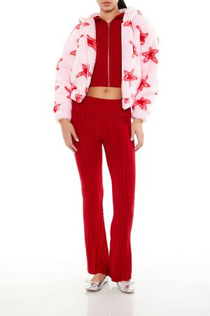 PINK/RED Faux Shearling Star Print Hoodie, image 2