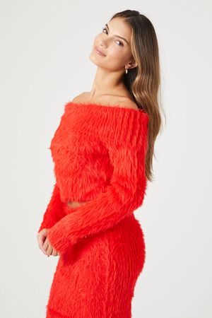 FIERY RED Faux Fur Off-the-Shoulder Top, image 2