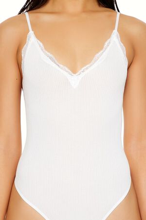 WHITE Seamless Lace-Trim Thong Bodysuit, image 3