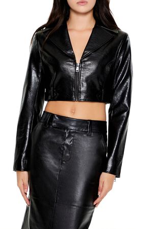 BLACK Cropped Faux Leather Zip-Up Jacket, image 1