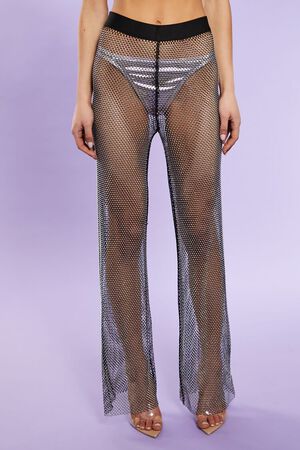 WHITE Rhinestone Netted Wide-Leg Pants, image 2