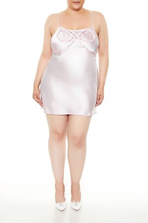 PINK Plus Size Satin Bow Mini Slip Dress, image 1