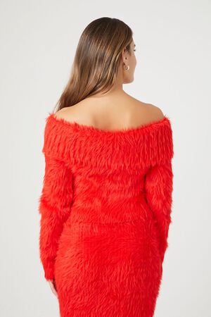 FIERY RED Faux Fur Off-the-Shoulder Top, image 3