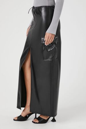 BLACK Faux Leather Toggle Drawstring Midi Skirt, image 3