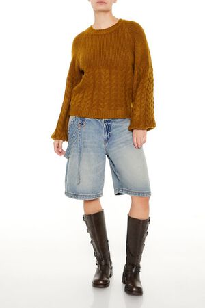 OLIVINE  Peasant-Sleeve Cable Knit Sweater, image 2