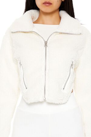 WHITE Faux Shearling Cropped Moto Jacket, image 3
