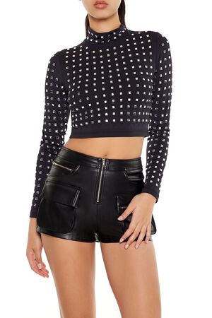 BLACK/SILVER Rhinestone Mock Neck Crop Top, image 1