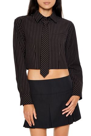 BLACK Pinstriped Cropped Poplin Shirt, image 1