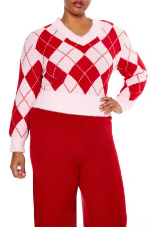 PINK/RED Plus Size Argyle Cropped Sweater, image 1